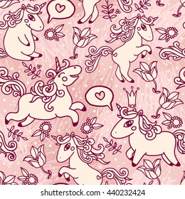 Cute seamless texture with lovely unicorns and flowers on scribble background, can be used as decor for girl's playroom, vector illustration