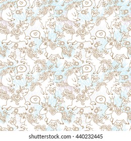 Cute seamless texture with lovely unicorns and flowers on scribble background, can be used as decor for girl's playroom, vector illustration