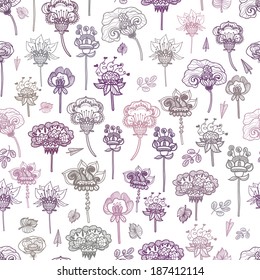 Cute seamless texture with perfect flowers. Cute hand drawn floral botanical background. Vector file organized in groups for easy editing. 