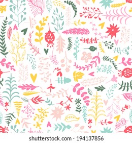 Cute seamless texture with perfect flowers. Cute hand drawn floral botanical background. Vector file organized in groups for easy editing. 