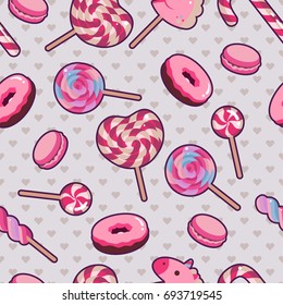Cute seamless texture. Pink candies with hearts on background. Flat vector illustration.