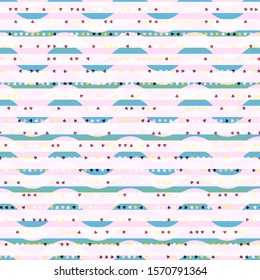 Cute seamless texture with small hearts and geometric elements. Abstract vector background for web page, banners backdrop, fabric, home decor, wrapping, kids design