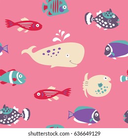 Cute seamless texture with a tropical fish on a pink background