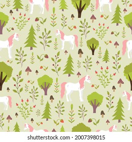Cute seamless texture, unicorns in the forest. For fabric, textiles, background, wallpaper, wrapping paper