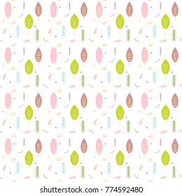 Cute seamless tree pattern. Green and pink trees on white background. Wrapping, print, fabric, fashion, season, summer, autumn, wrapping paper, nature.