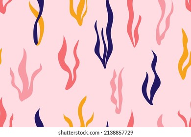 Cute seamless tropical pattern with seaweed. Perfect for wallpapers, web page backgrounds, surface textures, textile. Hawaii surfing vector illustration. 