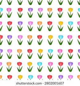 Cute seamless tulip flower pattern on a white background. Colorful grid floral repeating background.