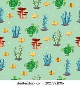 Cute seamless underwater pattern with fish and weeds. Sea life pattern. Vector Illustartion