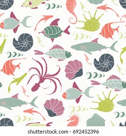 Cute seamless underwater texture design. Hand drawn cartoon style. Vector illustration