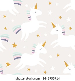 Cute seamless unicorn pattern for baby kids children, baby apparel, fabric, textile, wallpaper, bedding, swaddles with unicorn, stars