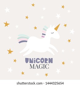 Cute seamless unicorn pattern for baby kids children, baby apparel, fabric, textile, wallpaper, bedding, swaddles with unicorn, stars