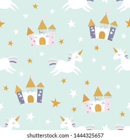 Cute seamless unicorn pattern for baby kids children, baby apparel, fabric, textile, wallpaper, bedding, swaddles with unicorn, stars