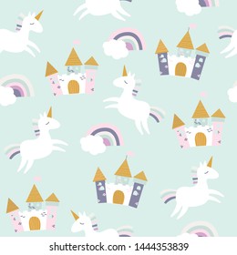 Cute seamless unicorn pattern for baby kids children, baby apparel, fabric, textile, wallpaper, bedding, swaddles with unicorn, stars