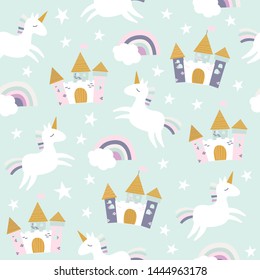 Cute seamless unicorn pattern for baby kids children, baby apparel, fabric, textile, wallpaper, bedding, swaddles with unicorn, stars