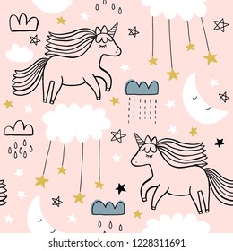 Nettes, nahtloses Einhorn-Muster für Kinder, Babybekleidung, Stoff, Textil, Tapete, Bettwäsche, Sättel mit Einhorn