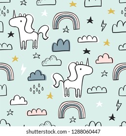 Cute seamless unicorn pattern for kids, baby apparel, fabric, textile, wallpaper, bedding, swaddles with unicorn