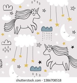 Cute seamless unicorn pattern for kids, baby apparel, fabric, textile, wallpaper, bedding, swaddles with unicorn