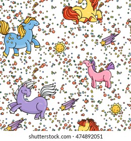 Cute seamless unicorn pattern with stars and suns. Magic pony ornament.