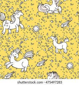 Cute seamless unicorn pattern with stars and suns. Magic pony ornament.