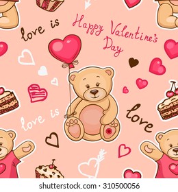 Cute seamless valentine background with teddy bears. Use it for childrens wallpaper, gift wrapping, prints for baby clothes, prints for bedclothes, greeting cards, Valentines Day design