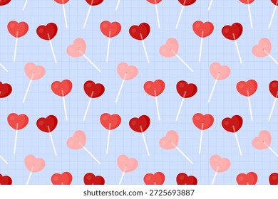 Nettes, nahtloses Valentinsmuster mit herzförmigen Lollis auf blauem Gitterhintergrund. Ideal für Kinder-Design, Süßigkeiten Verpackung, Schreibwaren, und spielerische Themen.