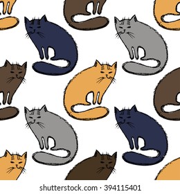 Cute seamless various colored  home animal pets CATS pattern in vector. Funny animal background with isolated hand drawn cats painted gray, red-headed, blue and brown colored in vector