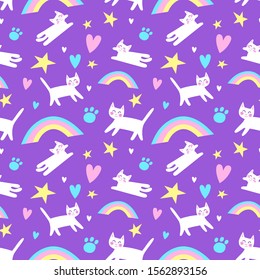 
Cute seamless vector background. Cats and rainbow on a purple background