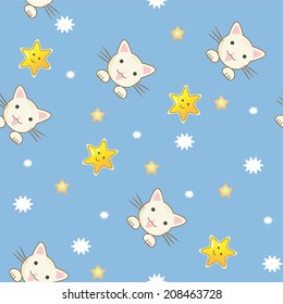 Cute seamless vector background with cats and stars