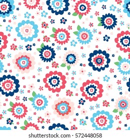 Cute seamless vector background with retro floral pattern in spring colors for baby