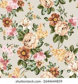 Lindo Vector sin fisuras marrón rosa y amarillo stock flores con patrón de hojas verdes sobre fondo crema