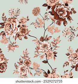 cute seamless vector brown stock flowers leaves pattern on green background