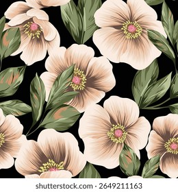 Lindo Vector sin fisuras marrón stock flores con patrón de hojas verdes sobre fondo negro