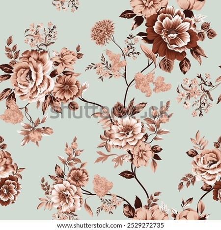 cute seamless vector brown stock flowers leaves pattern on green background