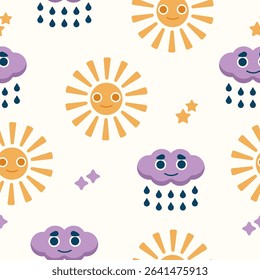 Cute seamless vector childish pattern with sun and cloud. Illustration of a rain cloud. Vector art. Repeating pattern for print, fabrics. Сhildren's doodles