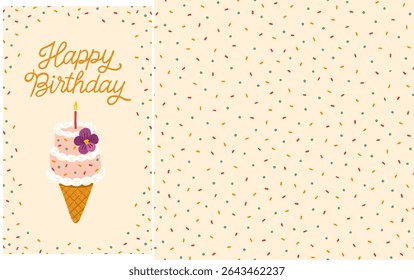 Cute seamless vector colorful sprinkles pattern and matching birthday cake ice cream cone with violets flower illustration. Korean bakery aesthetic. Perfect for packaging, gift wrap, party, fabric.