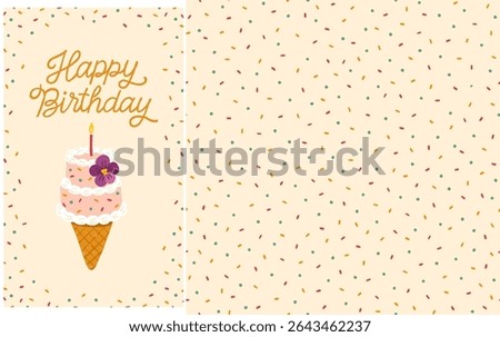 Cute seamless vector colorful sprinkles pattern and matching birthday cake ice cream cone with violets flower illustration. Korean bakery aesthetic. Perfect for packaging, gift wrap, party, fabric.