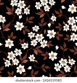 linda crema de vector sin costuras flores de stock con patrón de hojas marrones sobre fondo negro