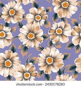 cute seamless vector cream stock flowers with leaves pattern on violet background