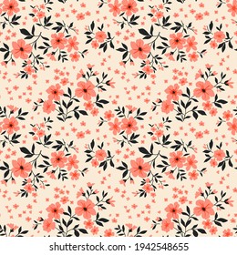 Cute seamless vector floral pattern. Endless print made of small coral flowers. Seamless vector texture. Elegant template for fashion prints. Ecru  background. Stock vector illustration.