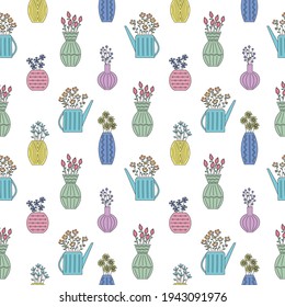 Cute seamless vector floral pattern. Pattern with flowers in buckets