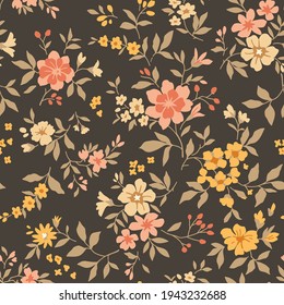 Cute seamless vector floral pattern. Endless print made of small yellow and orange flowers. Summer and spring motifs. Brown background. Stock vector illustration.
