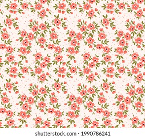 Cute seamless vector floral pattern. Cute print made of small coral flowers. Summer and spring motifs. White background. Stock vector illustration.