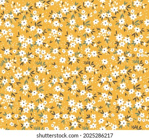 Cute seamless vector floral pattern. Endless print made of small white flowers. Summer and spring motifs. Yellow mustard background. Stock vector illustration.