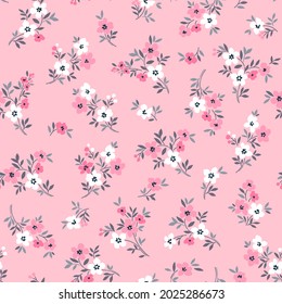 Cute seamless vector floral pattern. Endless print made of small white and pink flowers. Summer and spring motifs. Light pink background. Stock vector illustration.