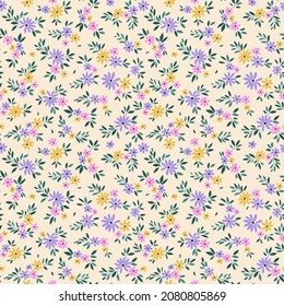 Cute seamless vector floral pattern. Endless print made of small colorful flowers. Seamless vector texture. Elegant template for fashion prints. Light beige background. Stock vector illustration.