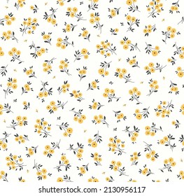 Cute seamless vector floral pattern. Endless print made of small yellow flowers. Summer and spring motifs. White background. Stock vector illustration.