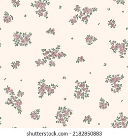 Cute seamless vector floral pattern. Endless print made of small pink flowers. Summer and spring motifs. Ivory background. Stock vector illustration.