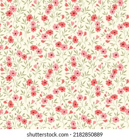 Cute seamless vector floral pattern. Endless print made of small red flowers. Summer and spring motifs. White background. Stock vector illustration.