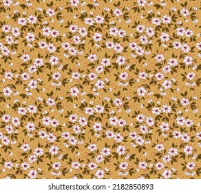 Cute seamless vector floral pattern. Endless print made of small white flowers. Summer and spring motifs. Beige mustard background. Stock vector illustration.