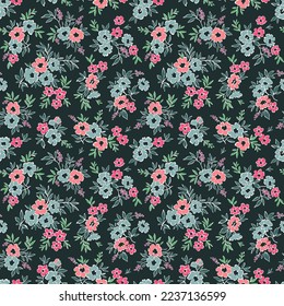 Cute seamless vector floral pattern. Endless print made of small pink and blue flowers. Summer and spring motifs. Navy blue background. Stock vector illustration